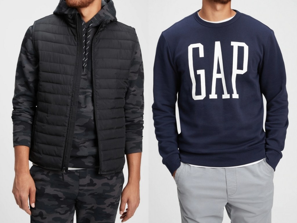 gap factory men's black puffer vest and blue logo sweatshirt