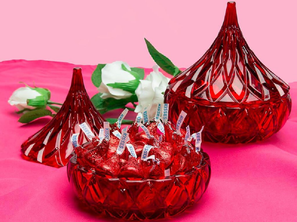 Hershey's Kisses candy in red candy dish