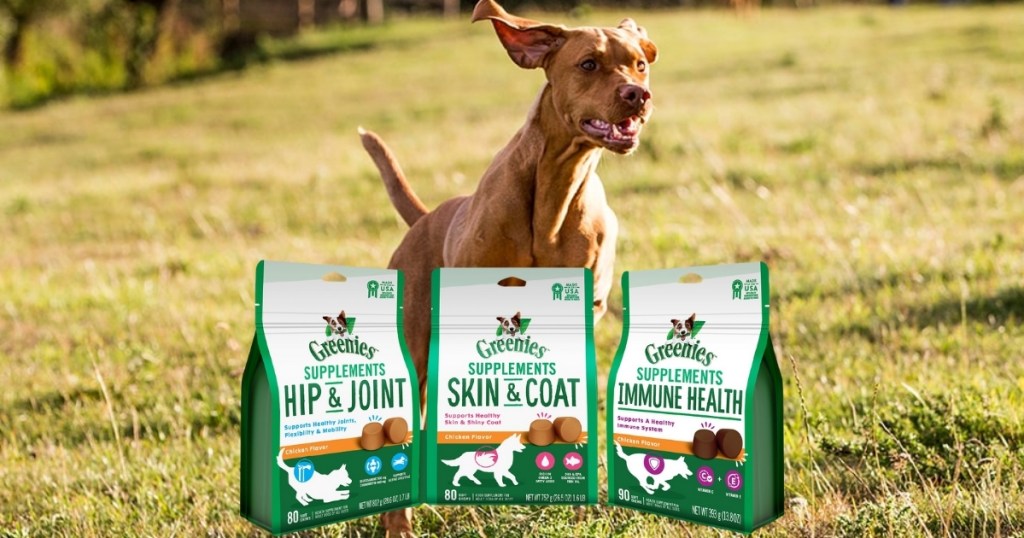 dog with bags of greenies supplements
