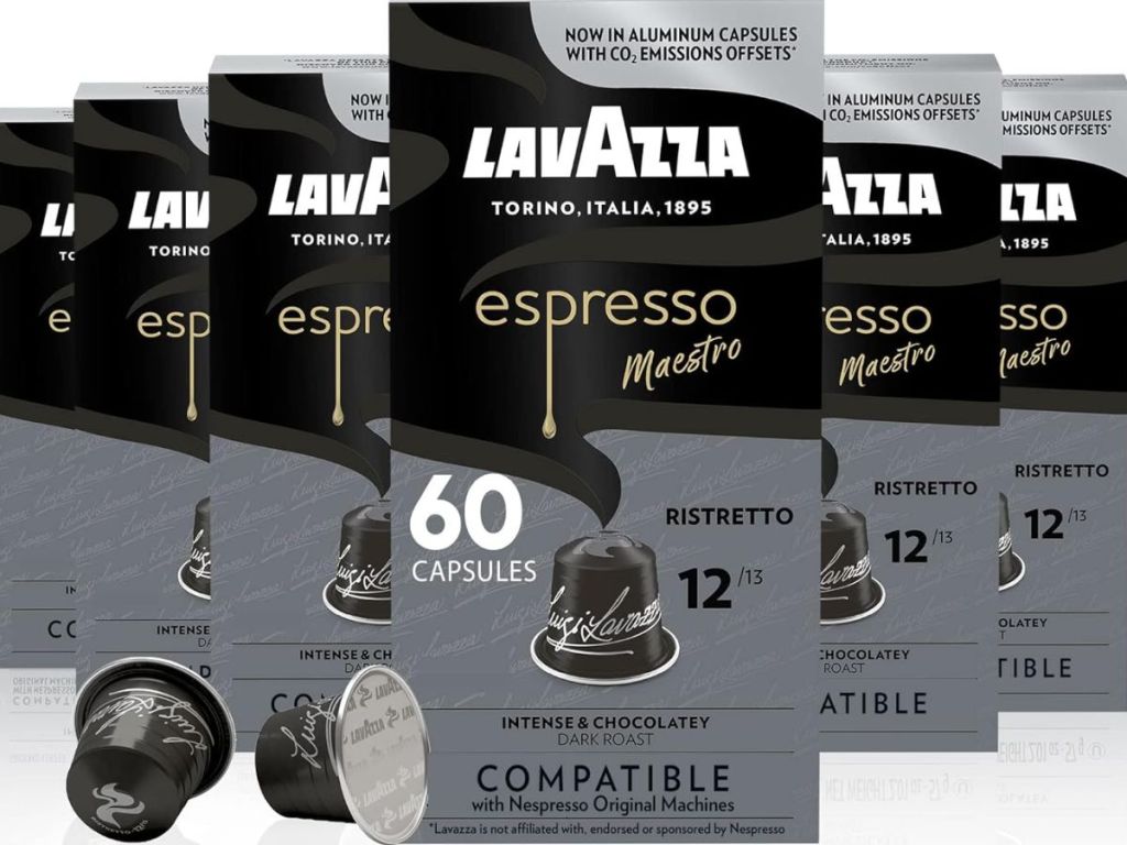 6 boxes of Lavazza Espresso Ristretto Dark Roast Arabica & Robusta Capsules with 2 capsules laying in front