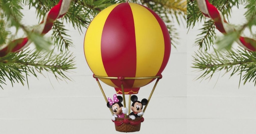 hot air balloon ornament in a tree