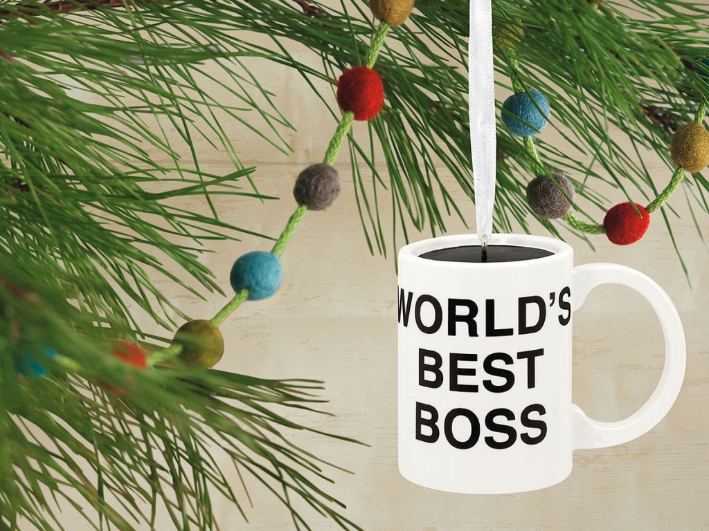 The Office Coffee Mug Christmas Tree Ornament hanging on tree