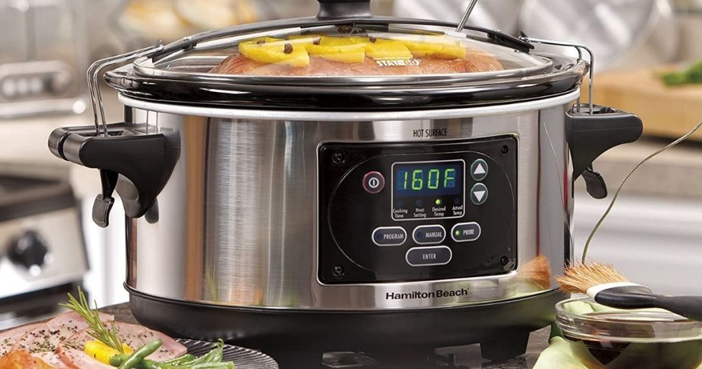 slow cooker with food in it