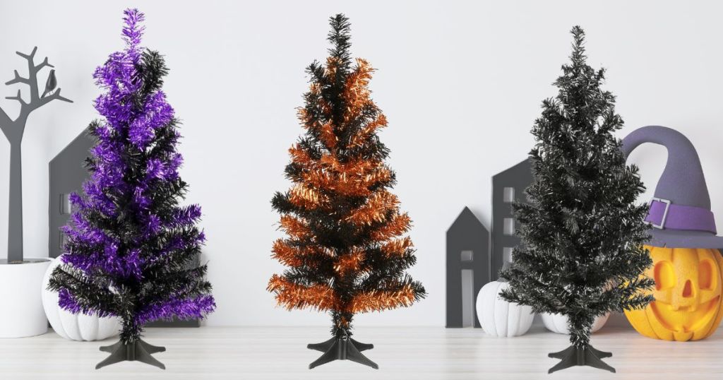 2 ft artificial trees, purple and black, orange and black and black