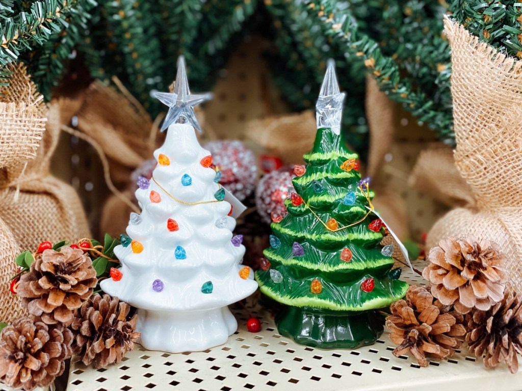white and green ceramic christmas trees at hobby lobby