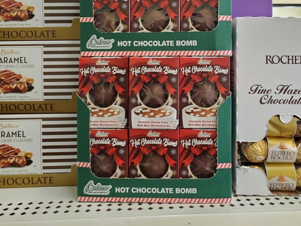 mulitple boxes of hot chocolate bombs on store shelf