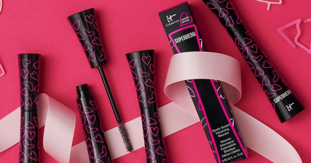 row of mascaras with a ribbon on them