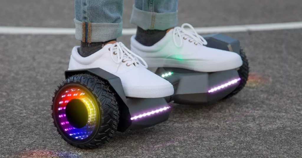 white shoes on hoverboard with light on wheels 