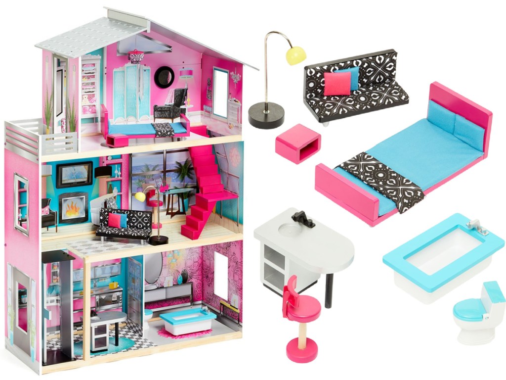 pink dollhouse and accessories