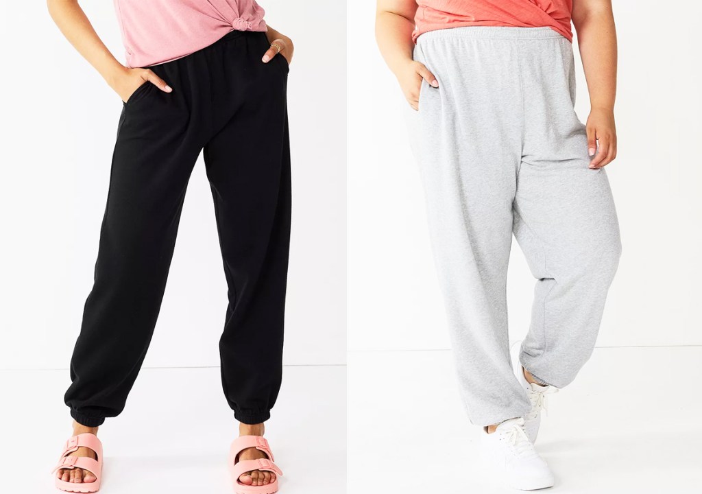 two women in black and light grey joggers