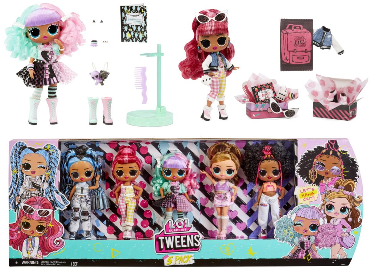 stacked stock images of LOL Surprise Tweens Fashion Dolls in and out of packaging