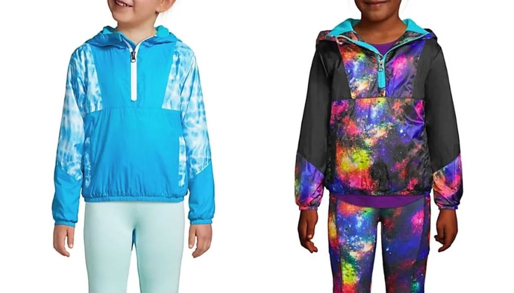 two kids in colorful jackets