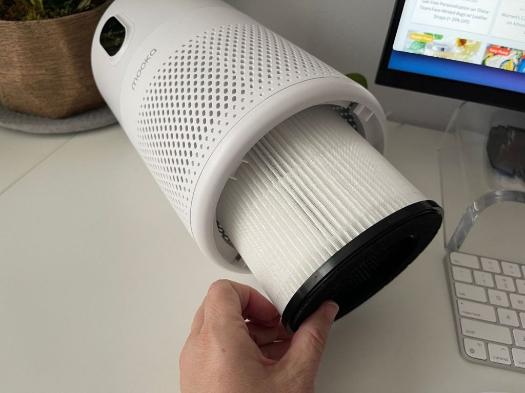 hand placing filter in air purifier