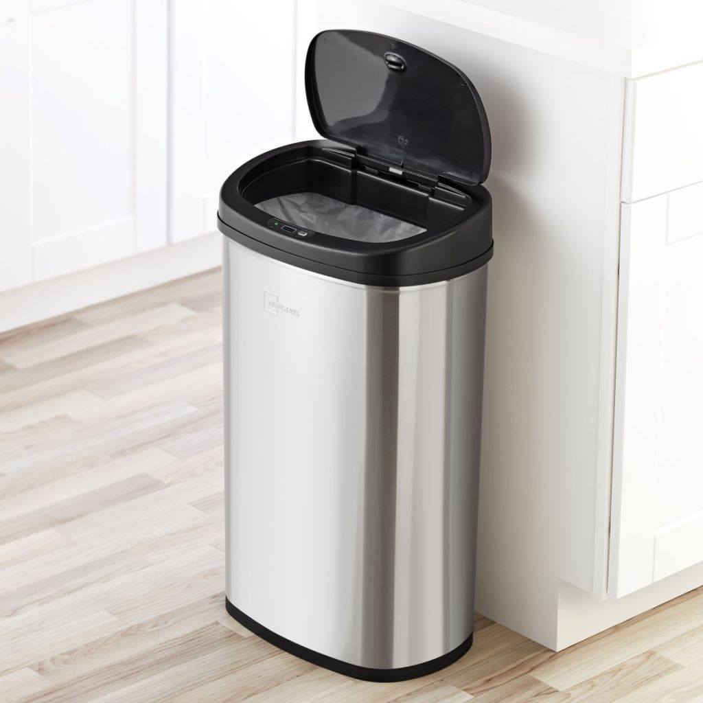 Mainstays Automatic Trash Can with the lid open