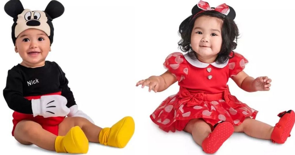 two kids in Mickey and Minnie Costumes