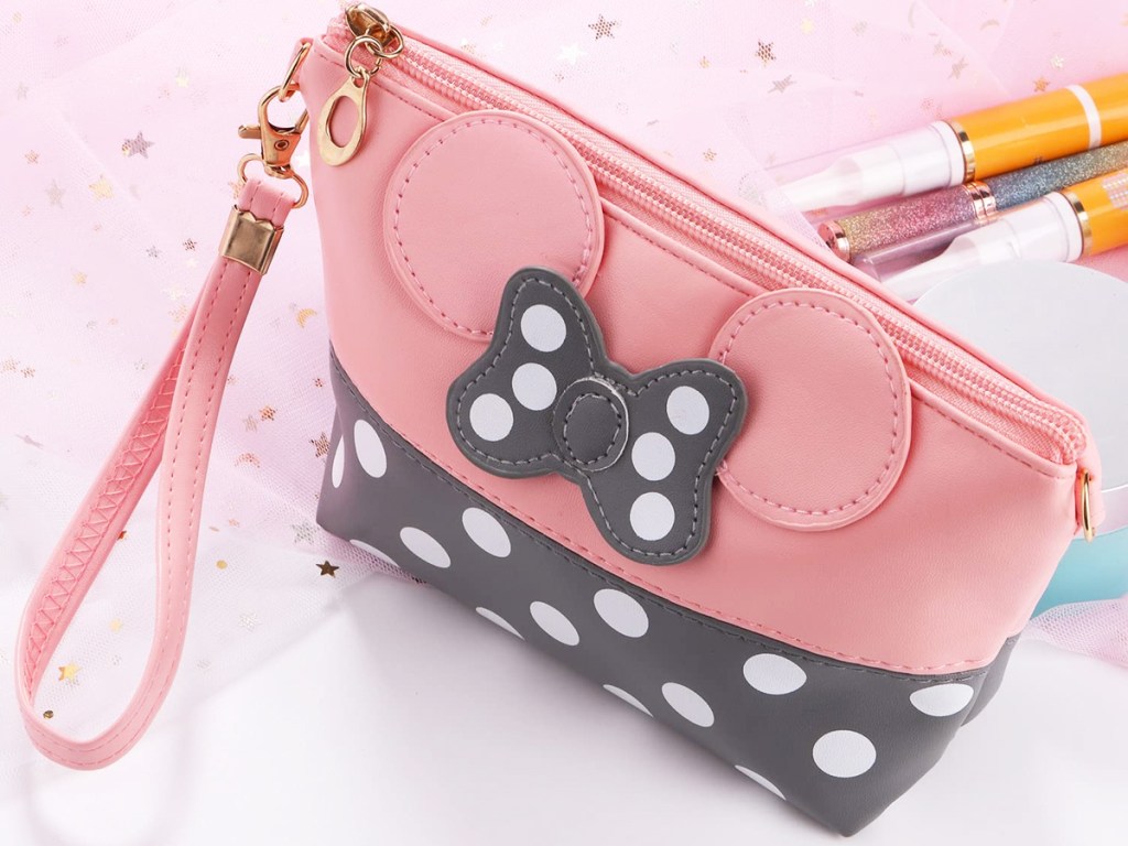 pink and grey minnie mouse cosmetic bag