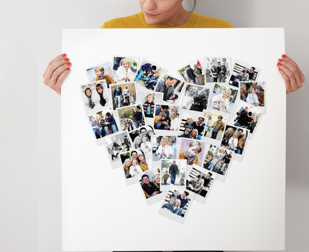 woman holding heart shaped photo colage poster