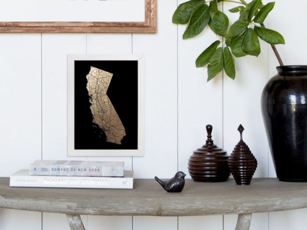 Pressed foil California framed map on wall