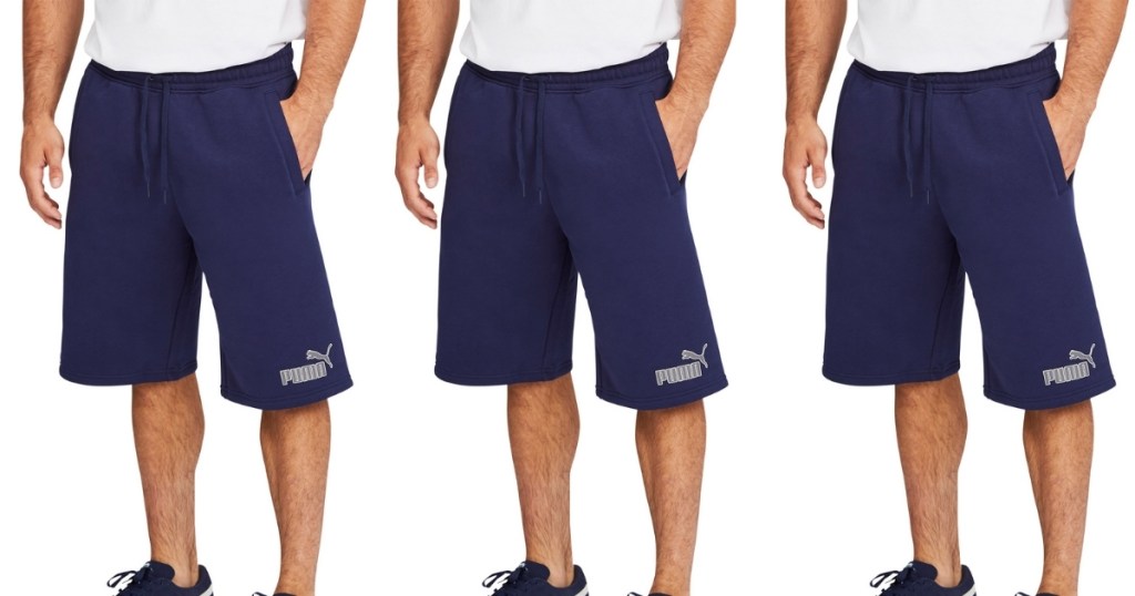 three pairs of blue puma men's fleece shorts