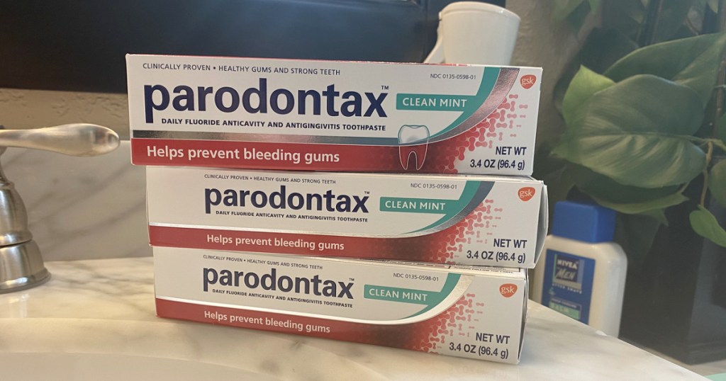 Parodontax Toothpastes 3 boxes on sink