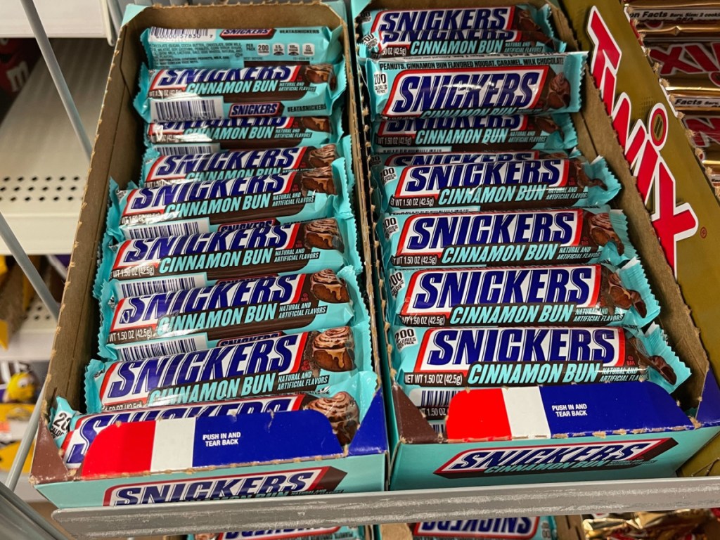 Snickers Cinnamon Bun Candy Bar display in walmart store