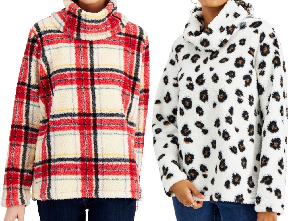 woman in red plaid cowl sweater and woman in white cheetah print sweater