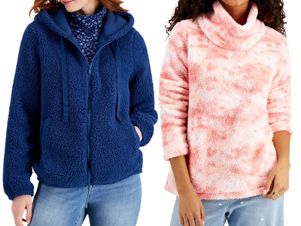 woman in blue hoodie and woman in pink tie-dye cowl sweater