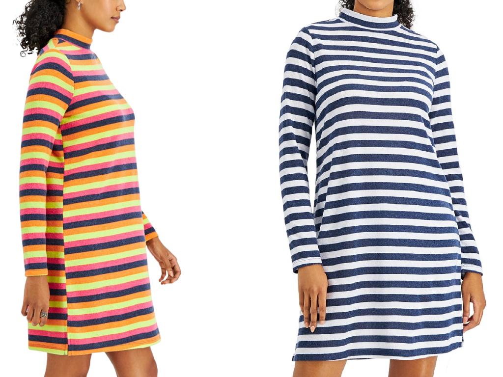 2 women wearing different colored striped dresses