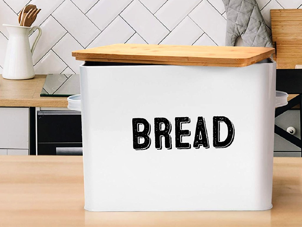 Stylish Farmhouse Counter-Top Bread Box in Wooden-White