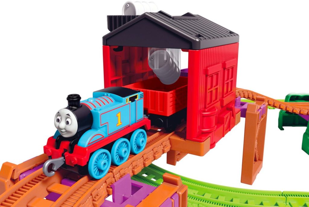 Thomas Engine riding on tracks over bridge