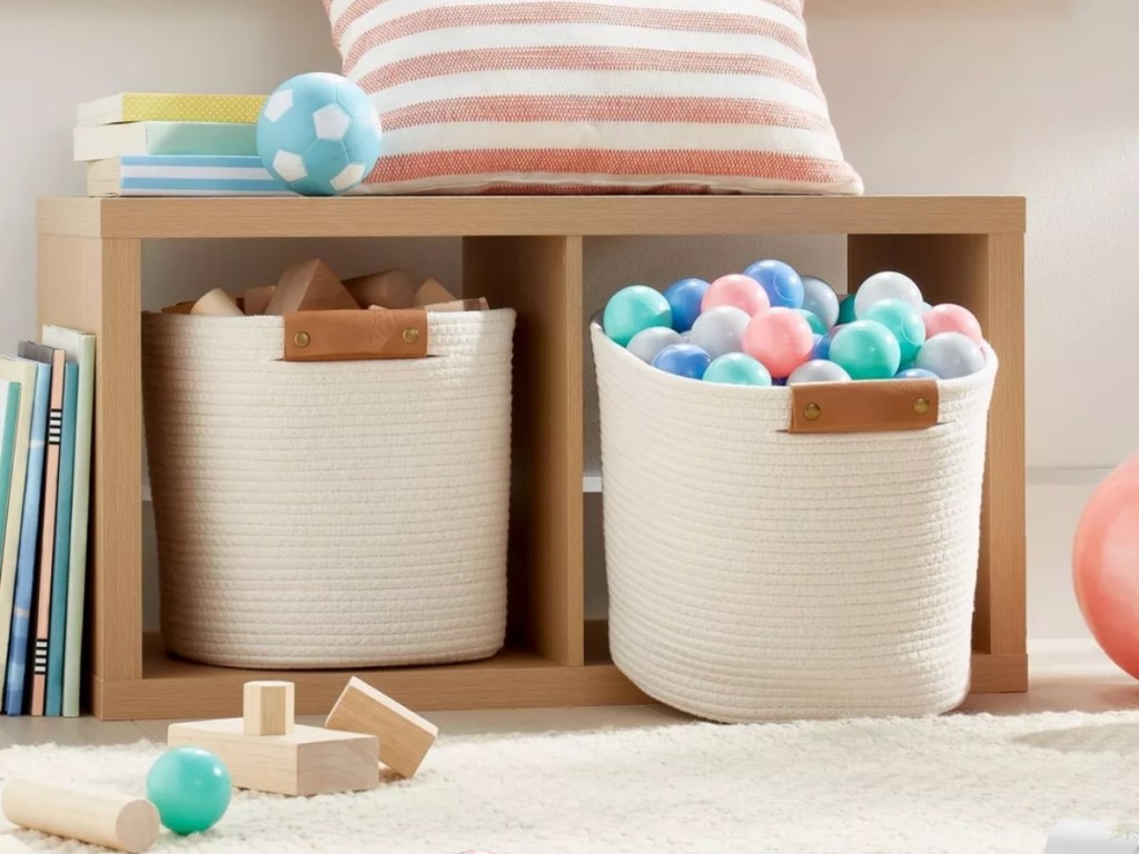 threshold 13 inch coiled rope storage basket with toys inside