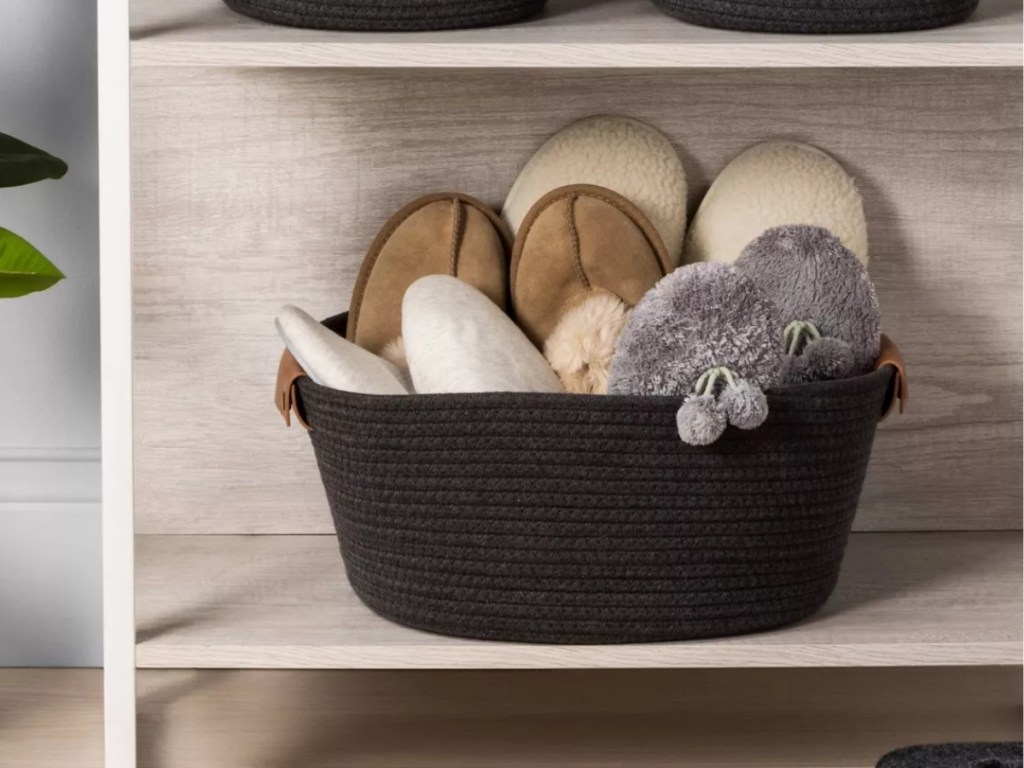 threshold warm gray coiled rope basket with slippers