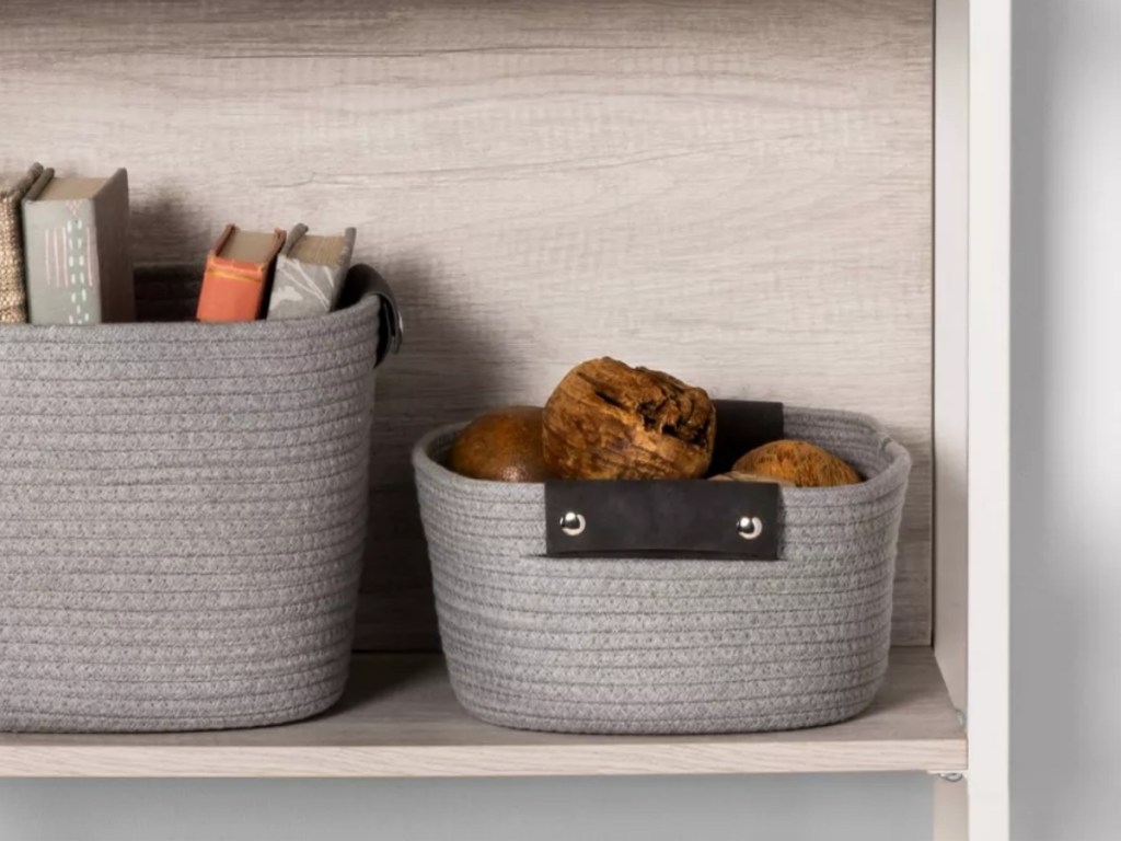 threshold small light gray coiled rope basket with decorations