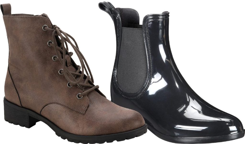 women's brown boot and women's black rain boot