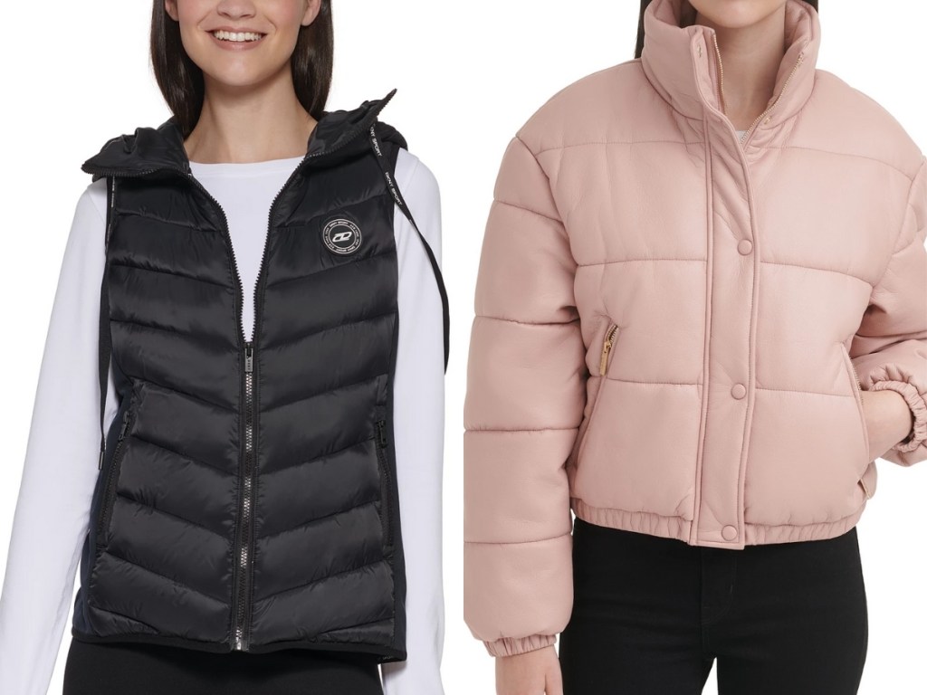 dkny women's puffer vest and guess puffer coat