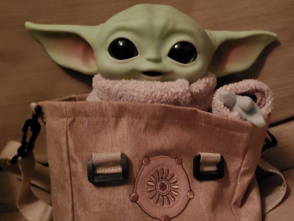baby Yoda in satchel