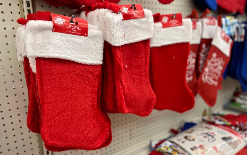 christmas stockings hanging at dollar tree
