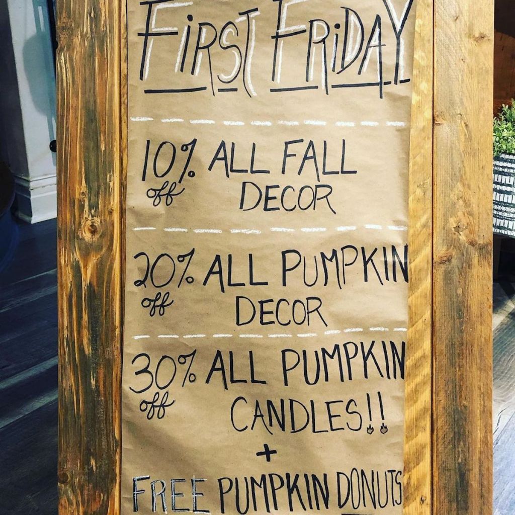 first friday sign with discounts on home decor
