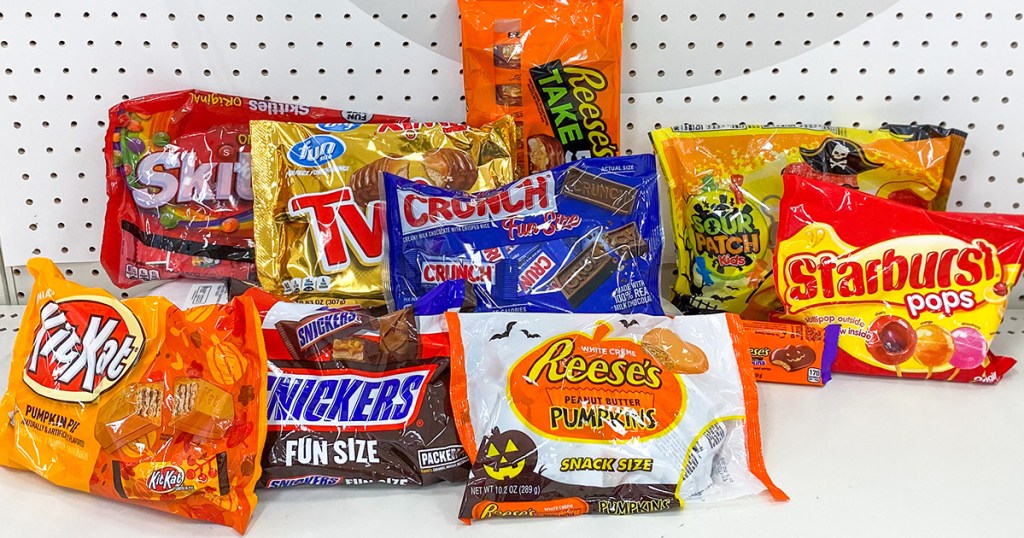 various halloween candy on store shelf