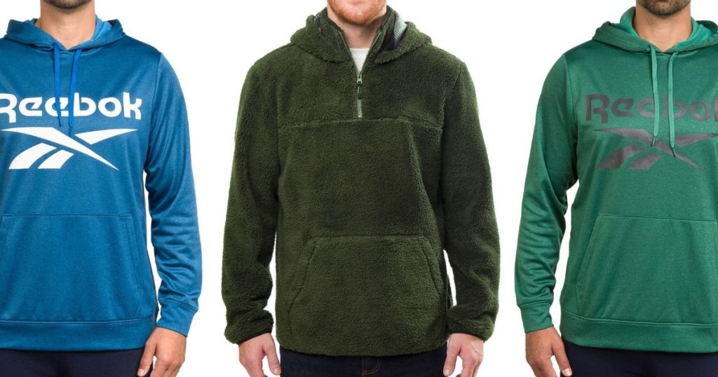 man wearing blue Reebok hoodie, man wearing green sherpa, man wearing green Reebok hoodie