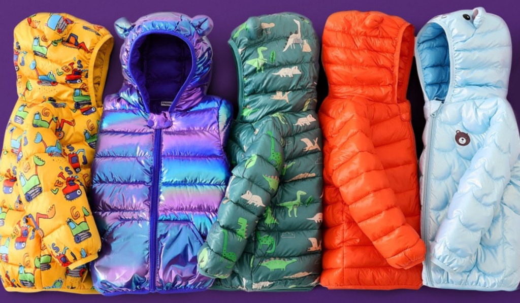 multi colored kids hooded puffer coats