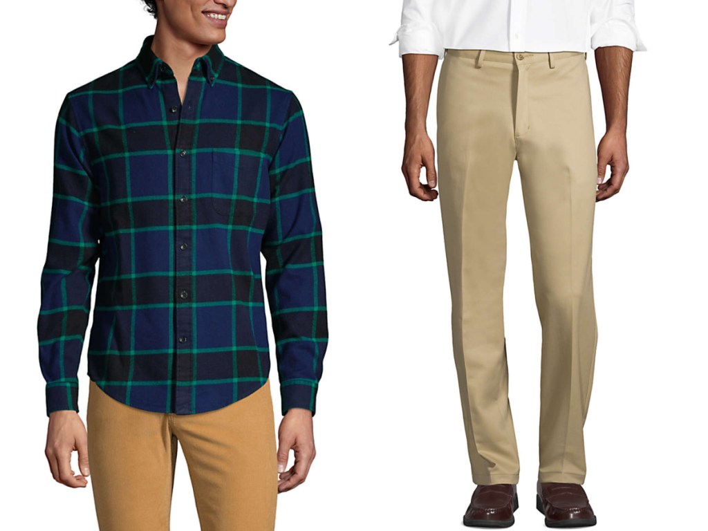 man wearing flannel and man wearing chinos