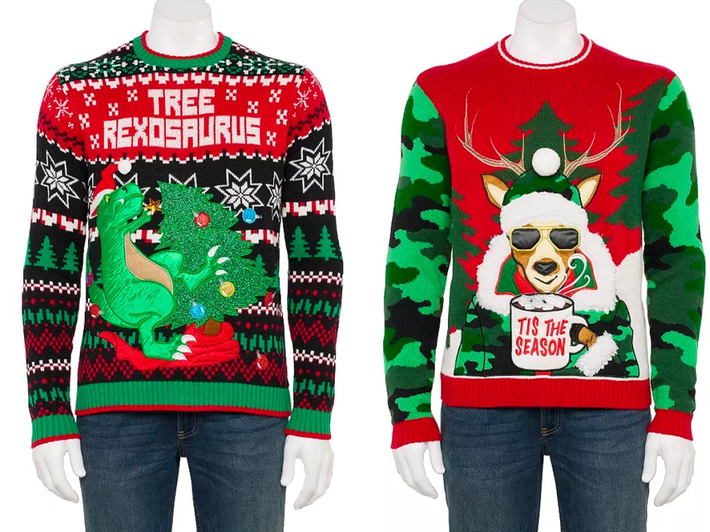t rex and reindeer holiday sweaters