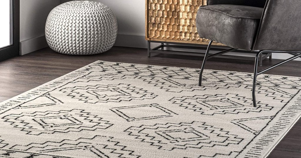 grey and black Moroccan style rug in home