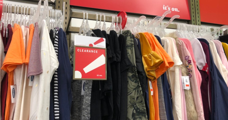 old navy women's clearance clothes hanging in store