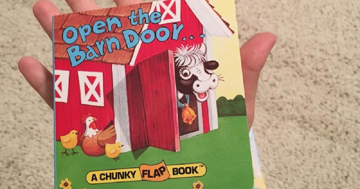 open hand holding a open the barn door board book in palm