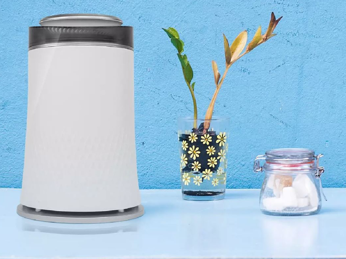 white air filter sitting on side desk beside plants