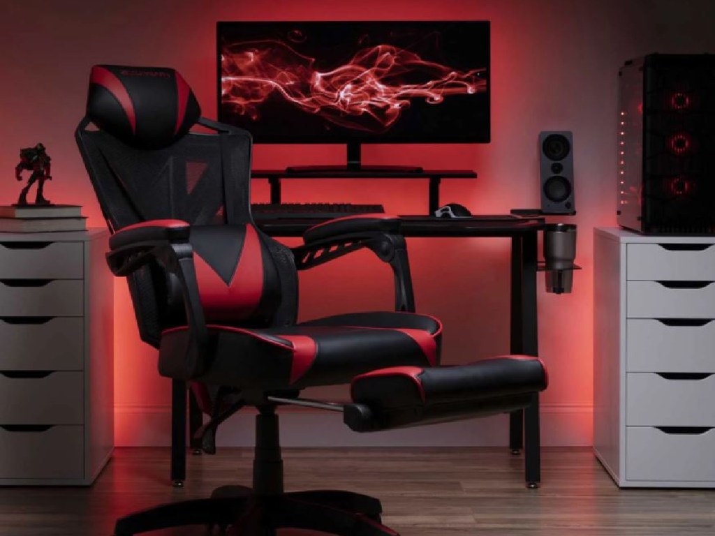 red and black gaming chair in office