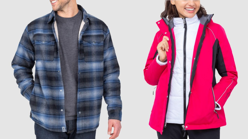 man wearing Flannel jacket and woman wearing kpink jacket