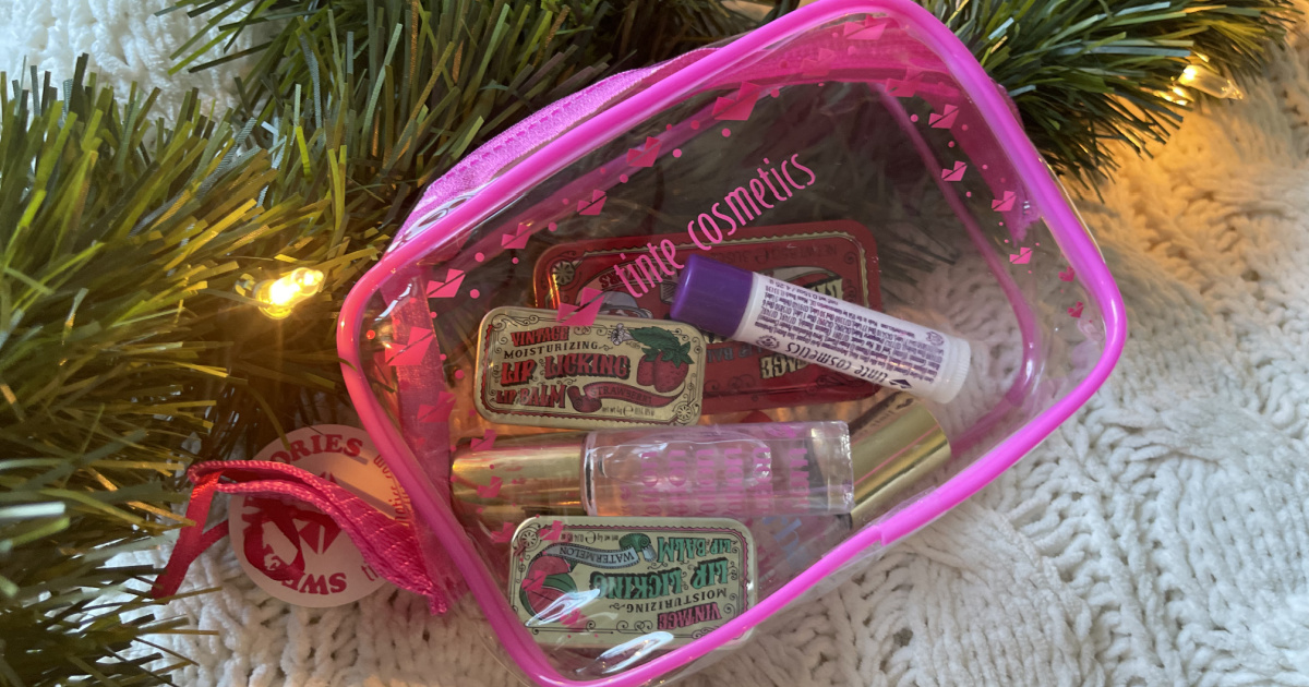 tinte cosmetics makeup bag by christmas lights